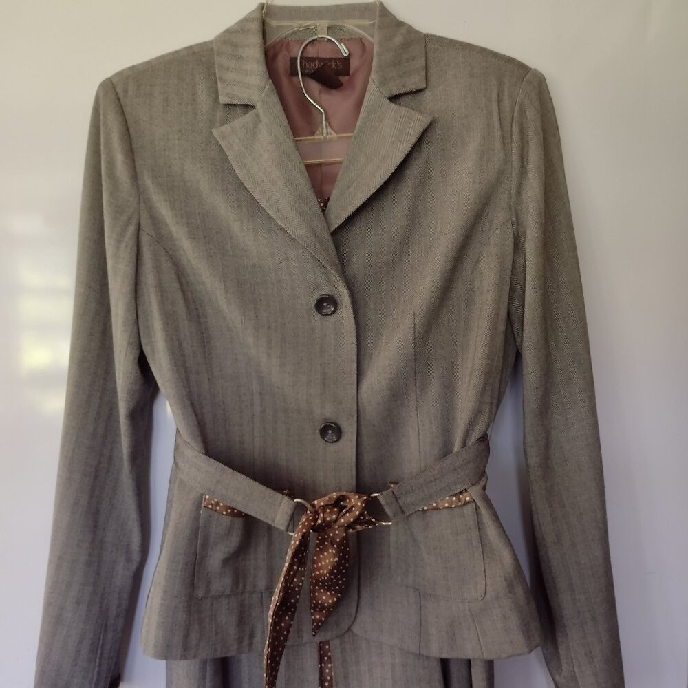 CHADWICKS Gray Subtle Stripe 2 Pc Skirt Suit Polka Dot 4